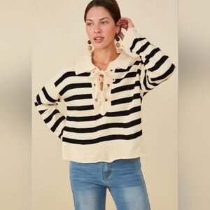 Marled Striped Lace Up Collared Sweater Cream Black Nautical Cotton Blend Size M